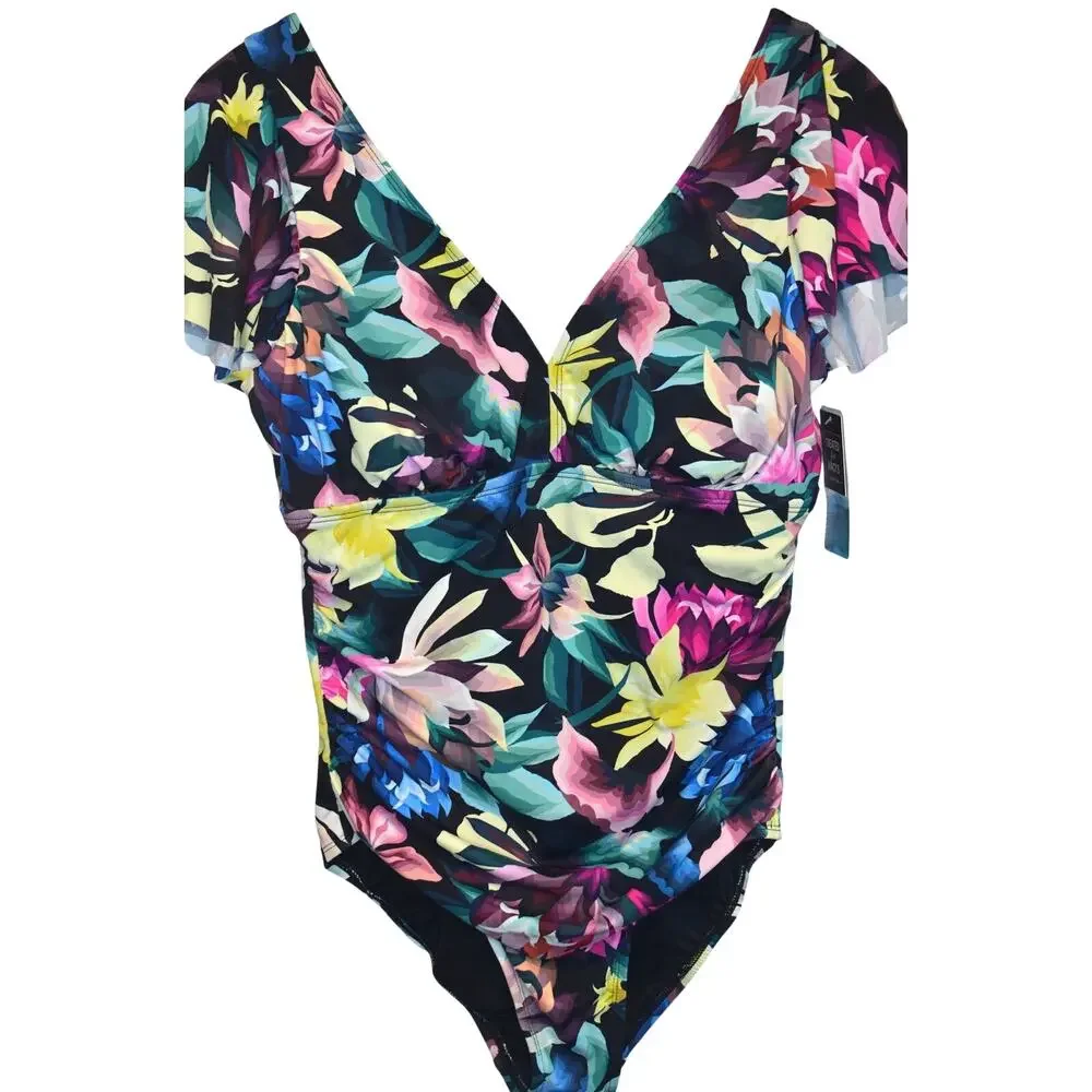 Swim Solutions Women's Floral-Print Flutter-Sleeve One-Piece Swimsuit - Picture 3 of 7